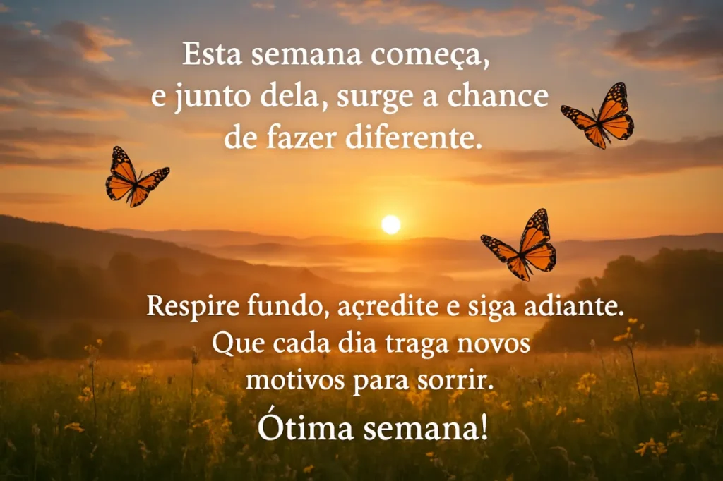 Mensagem positiva para uma nova semana Borboletas voando ao nascer do sol com mensagem de boa semana