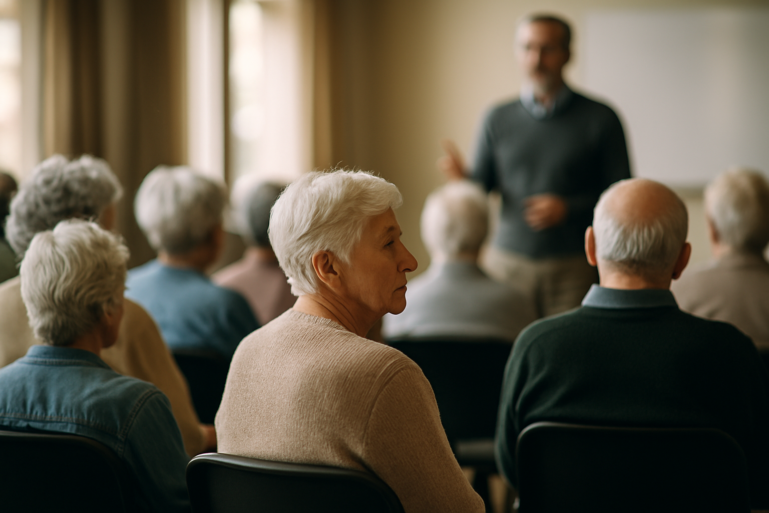 Grupo de idosos participando de uma palestra ou evento, simbolizando o público-alvo de uma ação social em Cianorte.