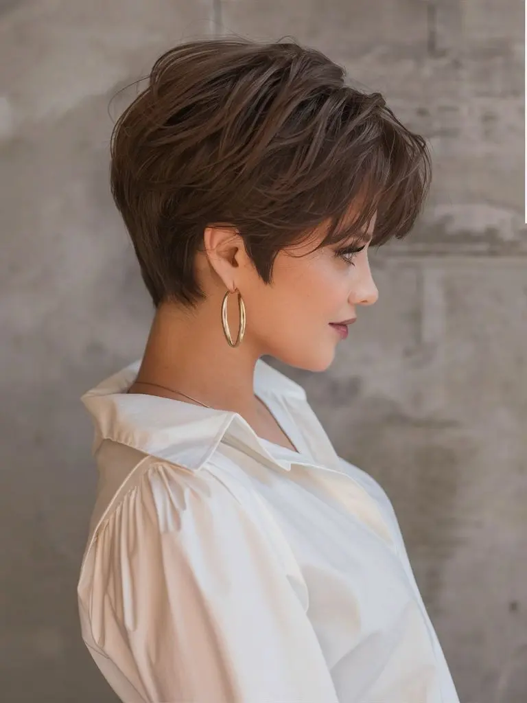 Mulher com corte de cabelo pixie moderno, usando blusa branca e brincos grandes, olhando para o lado.