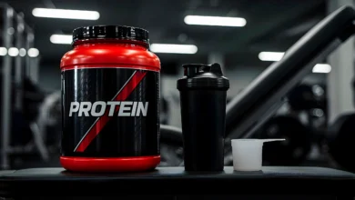 Pote de whey protein, suplemento utilizado por idosos para melhorar a saúde muscular.