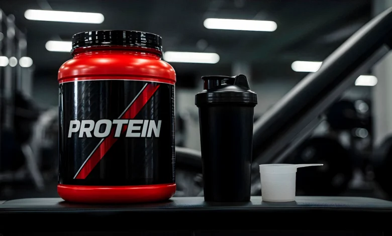 Pote de whey protein, suplemento utilizado por idosos para melhorar a saúde muscular.