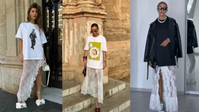 Mulheres usando t-shirts e saias de renda, um look casual e moderno com elementos de alta costura.