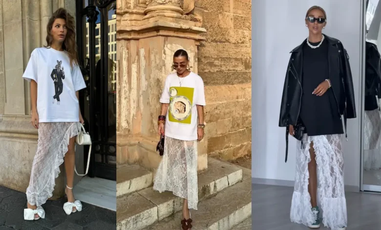 Mulheres usando t-shirts e saias de renda, um look casual e moderno com elementos de alta costura.