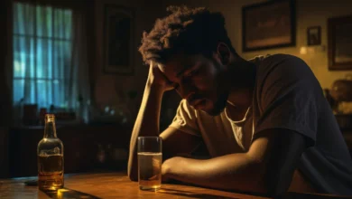 Pessoa em um momento de reflexão, visivelmente abatida após o consumo excessivo de álcool, simbolizando os efeitos do alcoolismo e sua relação com benefícios do INSS.