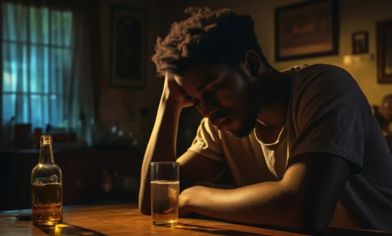 Pessoa em um momento de reflexão, visivelmente abatida após o consumo excessivo de álcool, simbolizando os efeitos do alcoolismo e sua relação com benefícios do INSS.