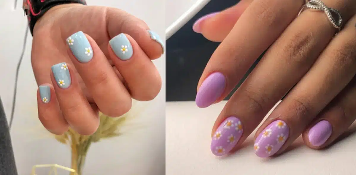 Unhas decoradas para a primavera com flores delicadas em azul e rosa, perfeitas para o visual suave e alegre de 2025.