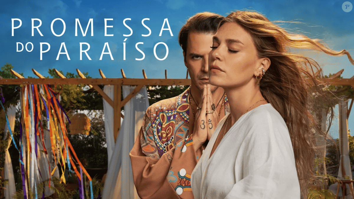 Casal em pose dramática na capa da série turca "Promessa do Paraíso", indicando uma trama de mistério e romance em ambiente esotérico.