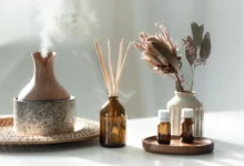 Umidificador de ar com bastões de incenso e óleos essenciais, criando um ambiente de aconchego e aromas relaxantes.