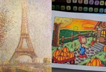 Obra com a Torre Eiffel, pintada por George Seurat utilizando a técnica de pontilhismo, ao lado de uma ilustração de um ursinho em um campo com árvores e abóboras, feito por Bobbie Goods, ambos utilizando a técnica de pontilhismo.