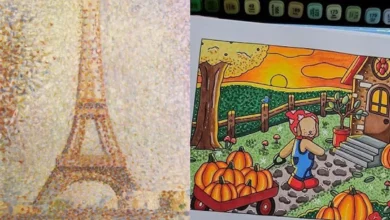 Obra com a Torre Eiffel, pintada por George Seurat utilizando a técnica de pontilhismo, ao lado de uma ilustração de um ursinho em um campo com árvores e abóboras, feito por Bobbie Goods, ambos utilizando a técnica de pontilhismo.