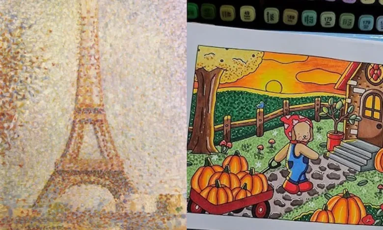 Obra com a Torre Eiffel, pintada por George Seurat utilizando a técnica de pontilhismo, ao lado de uma ilustração de um ursinho em um campo com árvores e abóboras, feito por Bobbie Goods, ambos utilizando a técnica de pontilhismo.
