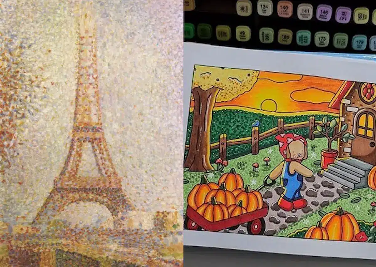 Obra com a Torre Eiffel, pintada por George Seurat utilizando a técnica de pontilhismo, ao lado de uma ilustração de um ursinho em um campo com árvores e abóboras, feito por Bobbie Goods, ambos utilizando a técnica de pontilhismo.