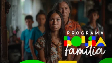Imagem com uma fila de pessoas aguardando para receber o Bolsa Família. Crianças e adultos com expressões sérias, destacando a situação de vulnerabilidade social.