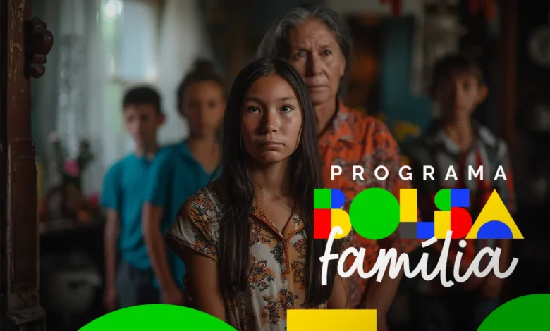 Imagem com uma fila de pessoas aguardando para receber o Bolsa Família. Crianças e adultos com expressões sérias, destacando a situação de vulnerabilidade social.