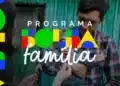 Imagem ilustrativa com alerta sobre golpe relacionado ao Bolsa Família, com pessoa segurando uma criança e elementos gráficos coloridos ao fundo.