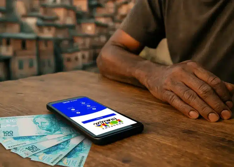 Mãos de homem ao lado de celular com aplicativo Bolsa Família aberto e cédulas de 100 reais sobre a mesa de madeira.