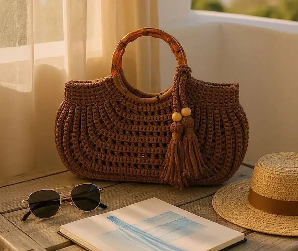 Bolsa de crochê com alça de bambu sobre mesa de madeira, com óculos de sol, chapéu e caderno.