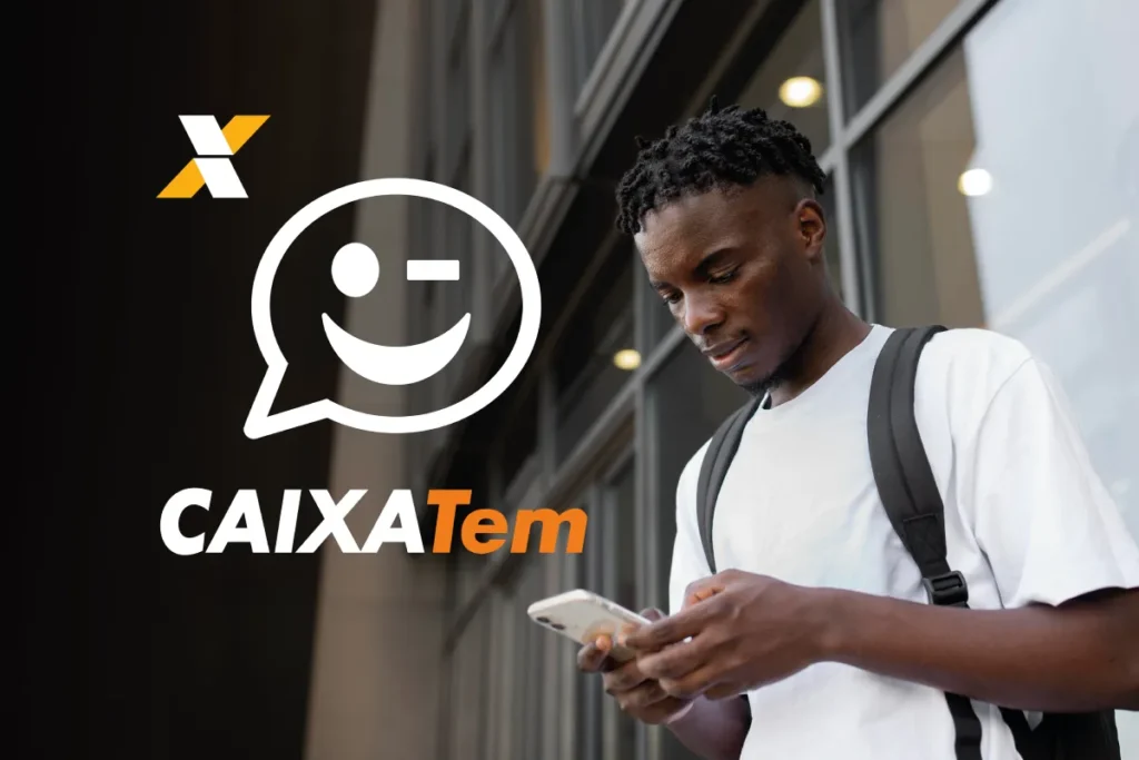 Pessoa utilizando o aplicativo CAIXA TEM no celular, com o logo CAIXA TEM e a frase de destaque sobre consultar o saldo.