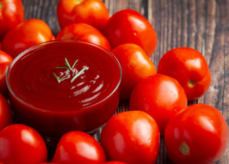 Molho de tomate caseiro em uma tigela de vidro, cercado por tomates frescos, simbolizando a receita prática e de longa duração.