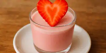 Sobremesa cremosa rosa em copo com fatia de morango em formato de coração sobre prato branco