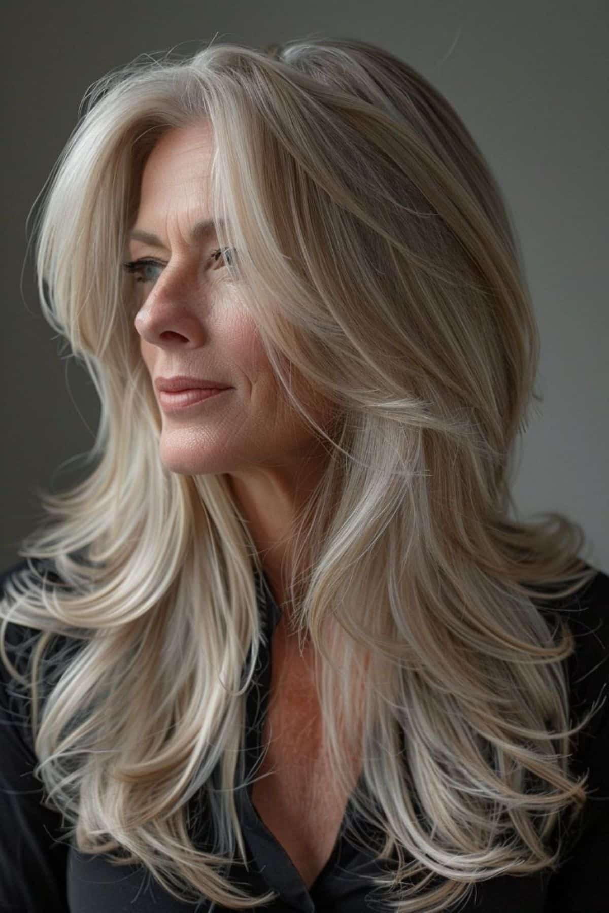 Mulher com cabelo longo e em camadas, estilo de corte moderno para a primavera 2025.