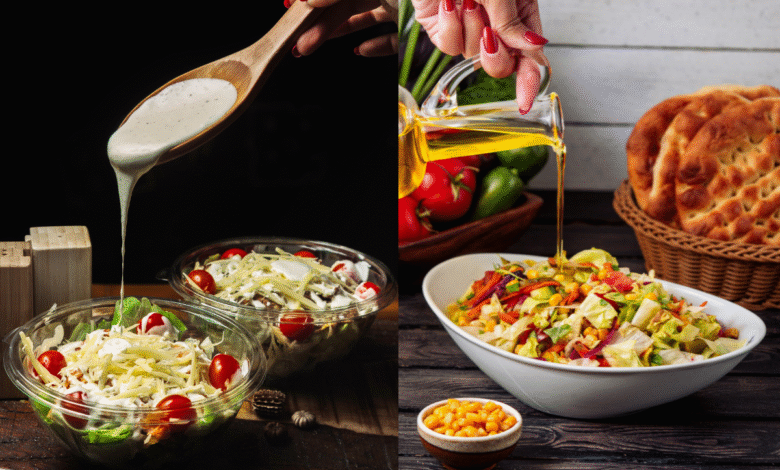 Imagem dividida com uma pessoa regando salada com molho cremoso e outra com azeite, mostrando a preparação de uma salada colorida e fresca.