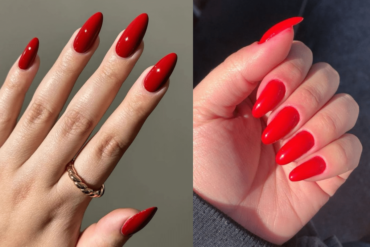 Montagem de duas fotos de mãos com unhas longas, esmaltadas em cores de vermelho intenso. Uma mão tem a cor bordô/vinho e a outra um vermelho vivo, demonstrando a versatilidade do esmalte na moda.