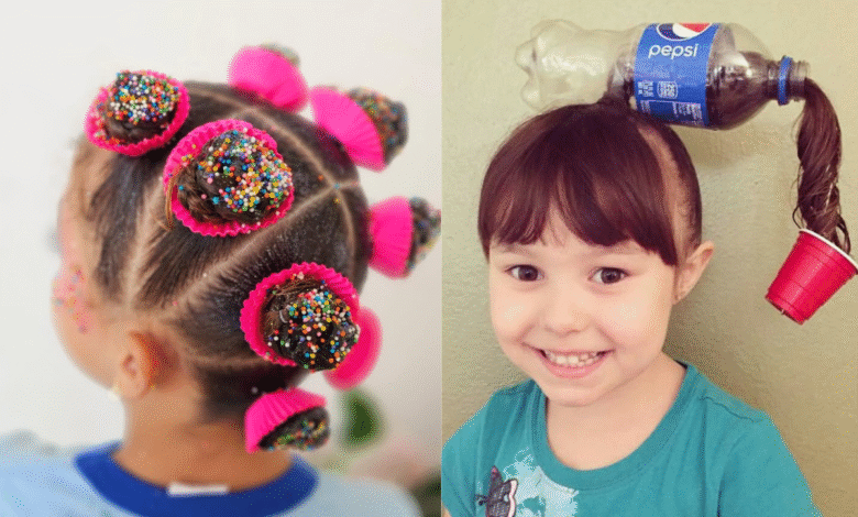 Imagem dupla de cabelo maluco: à esquerda, penteado de mini bolinhos (cupcakes) com granulado; à direita, cabelo com garrafa de refrigerante e copo pendurado, ideias criativas para meninas na escola.
