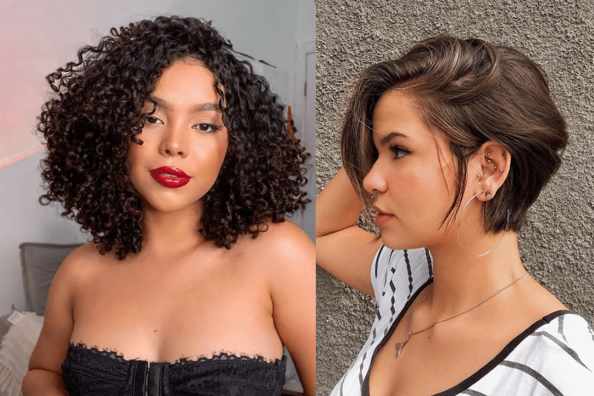 Combinação de cortes de cabelo curtos e modernos (cacheado e repicado) que promovem o rejuvenescimento em mulheres 50+.