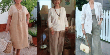 Três mulheres maduras exibindo looks modernos em tons neutros, como bege, cáqui e off-white. Imagem ilustra roupas elegantes que rejuvenescem o visual de quem tem mais de 60 anos, com peças em linho, calça pantalona e blazer.