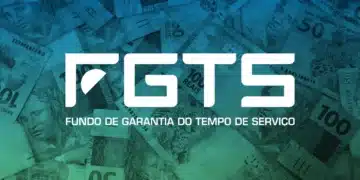 Logo do FGTS sobreposto a cédulas de reais, representando as novas regras do Fundo de Garantia