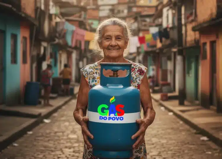 Idosa em comunidade sorrindo, segurando um botijão de gás com a inscrição 'Gás do Povo', simbolizando o novo benefício governamental.