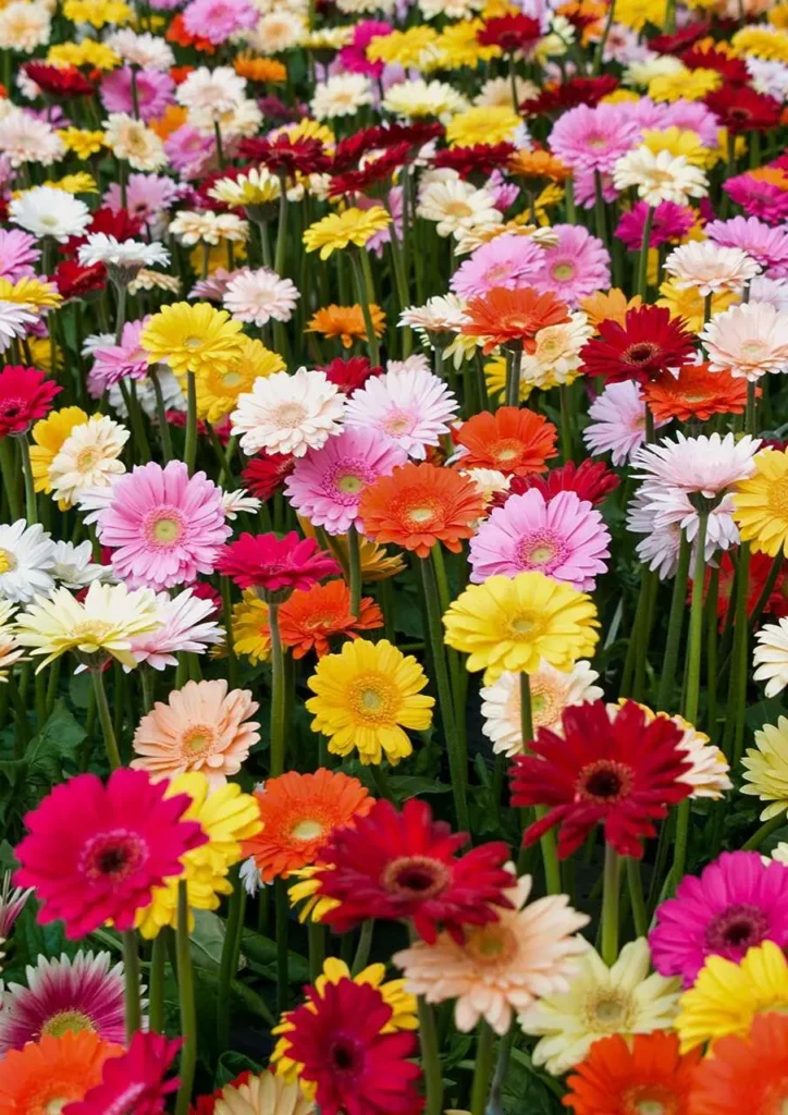 Campo vibrante de flores coloridas de gérbera na primavera.