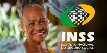 Mulher idosa sorrindo, com o logo do INSS e notas de cem reais ao fundo, representando os pagamentos de aposentadoria e pensão.