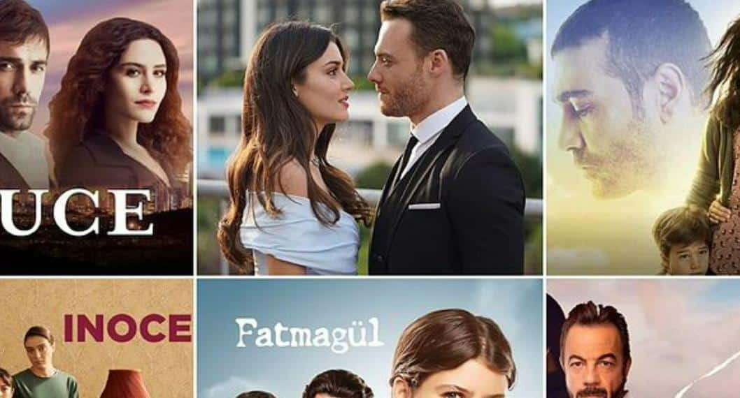 Mosaico de pôsteres e cenas de famosas novelas turcas como Sen Çal Kapımı, Fatmagül e Innocent, mostrando a variedade de gêneros e o apelo global.