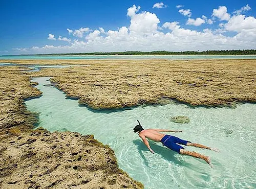 Homem explorando as piscinas naturais em São Miguel dos Milagres, Alagoas, em um dia de céu claro e águas tranquilas.