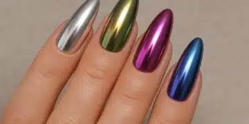 Unhas longas e ovais com esmaltação cromada multicolorida