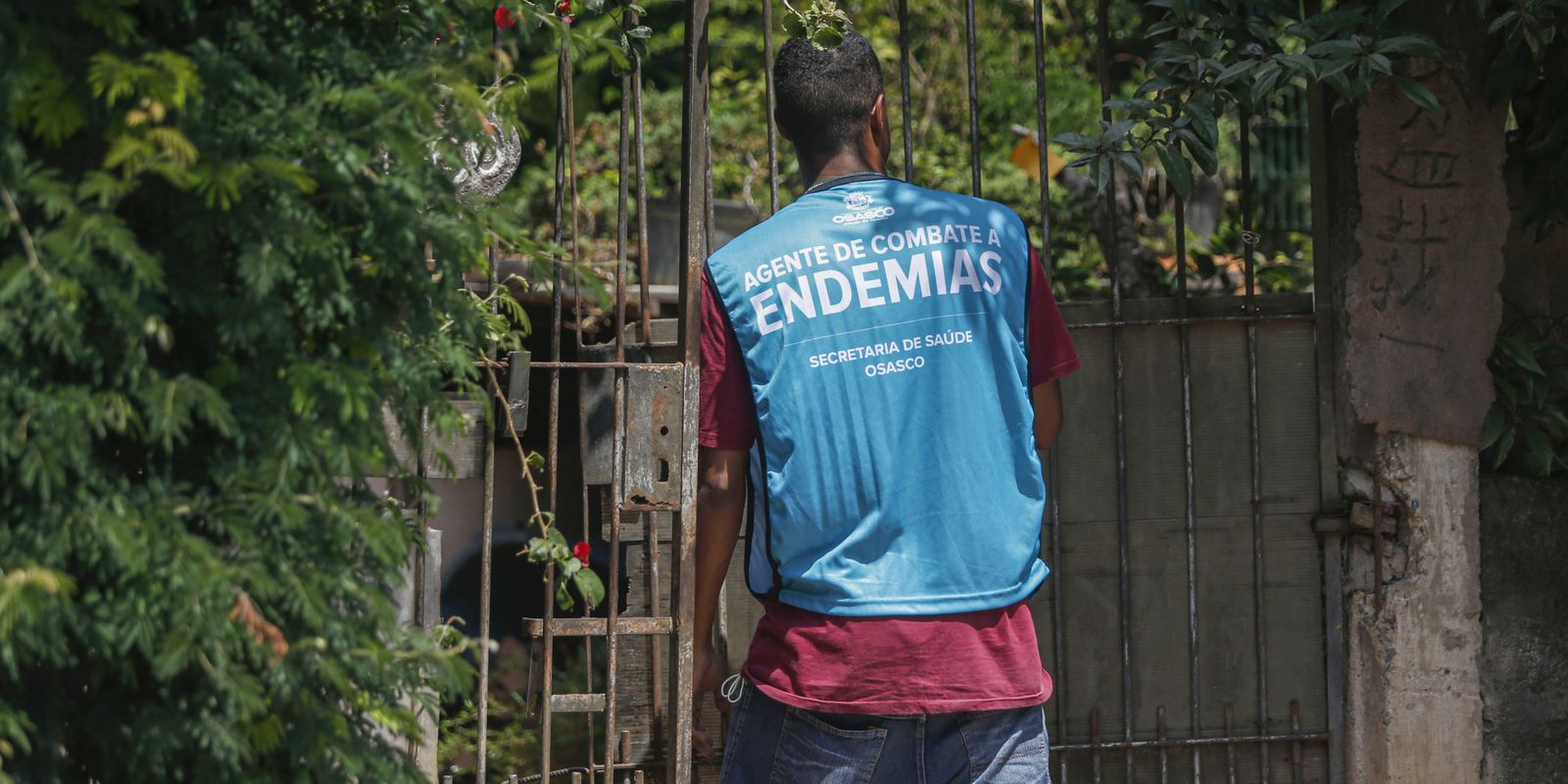 Agente de combate a endemias vestindo colete azul verificando portão em área residencial verde