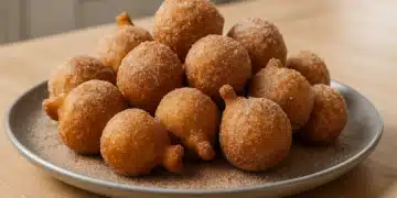 Bolinho de chuva simples e dourado, coberto com açúcar e canela, ideal para um lanche delicioso.