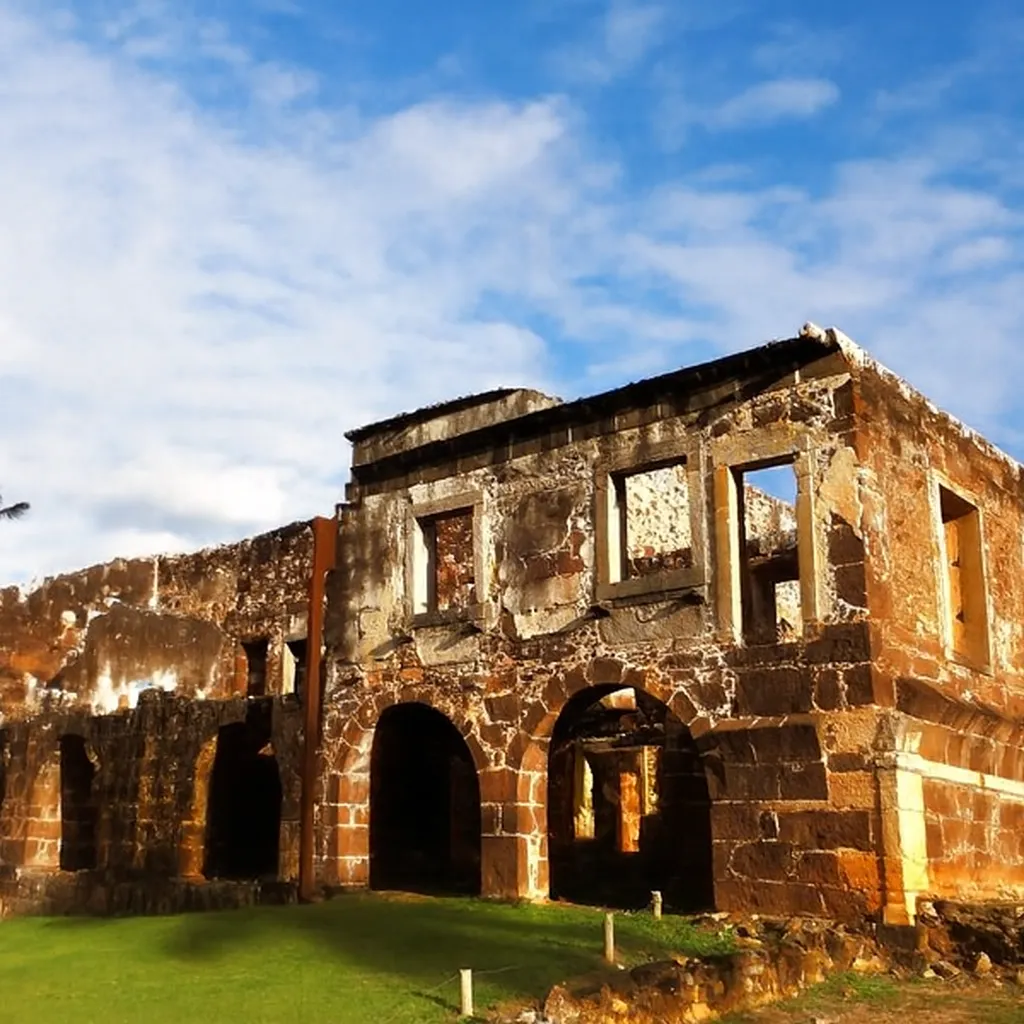 Ruínas do Castelo Garcia D'Ávila, um castelo medieval situado na Praia do Forte, Bahia, com paredes de pedra e arcos visíveis sob um céu azul claro.