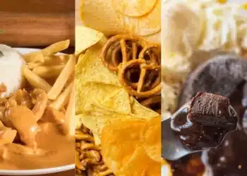 Pratos populares: Strogoff, chips, pretzels e Petit Gâteau, sobremesa com chocolate derretido.