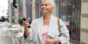 Mulher mais velha sorrindo enquanto usa um selfie stick para tirar uma foto em um ambiente urbano.