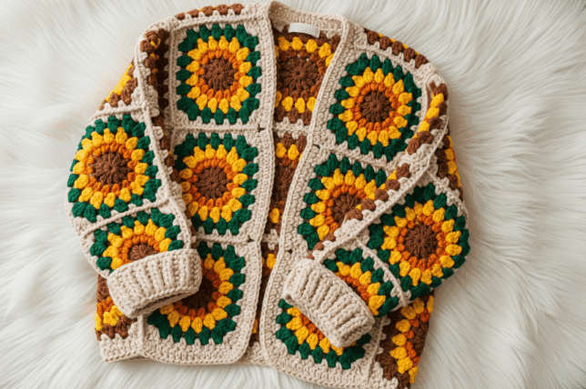 Casaco de crochê colorido com quadrados de flores em tons de amarelo, marrom e verde