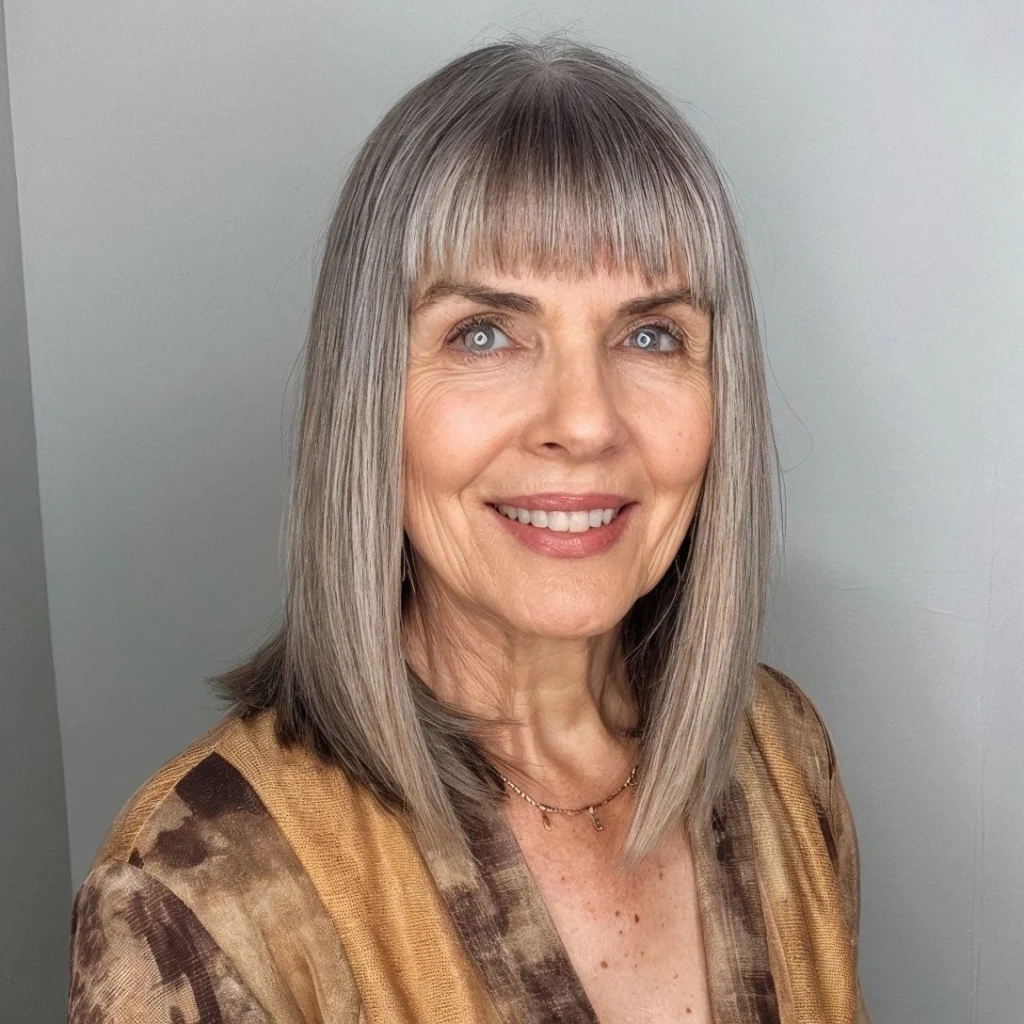 Mulher com cabelo grisalho e franja reta curta, sorrindo.