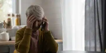 Idosa preocupada falando ao telefone, representando risco de golpe digital.
