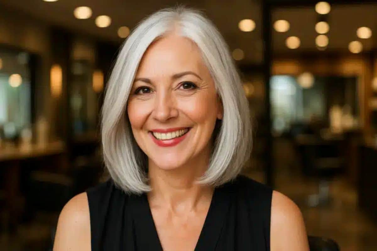 Mulher madura sorridente com corte de cabelo Long Bob grisalho, valorizando o rosto e transmitindo jovialidade.
