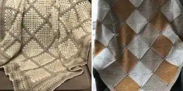 Imagem de uma manta de crochê geométrica em tons neutros e modernos, ideal para a decoração de salas.