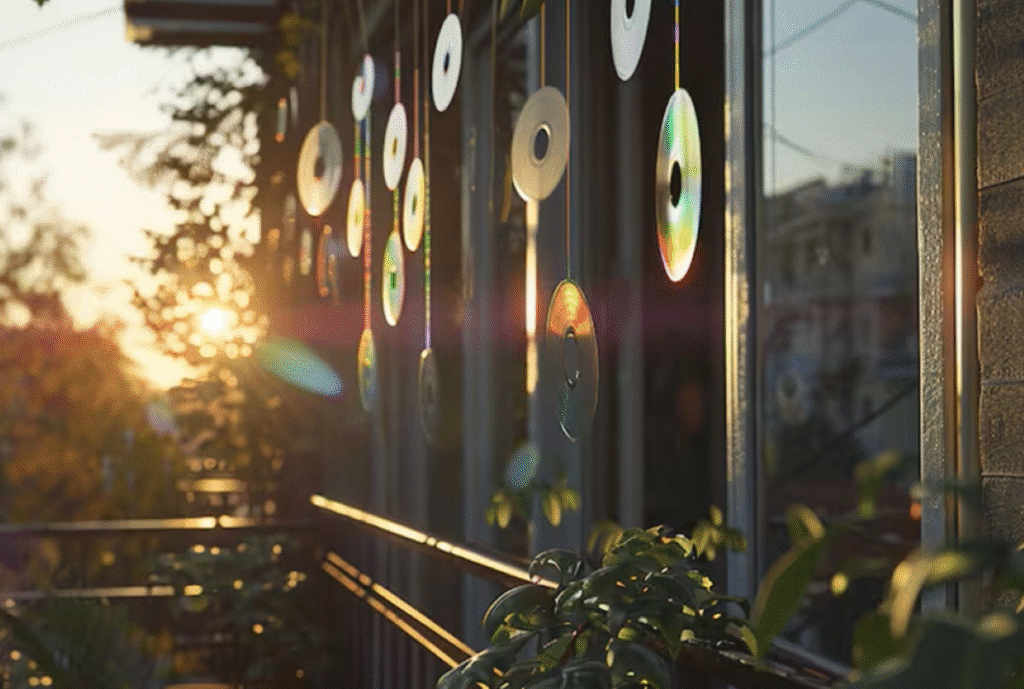 CDs pendurados em janela como forma de proteção para a casa.