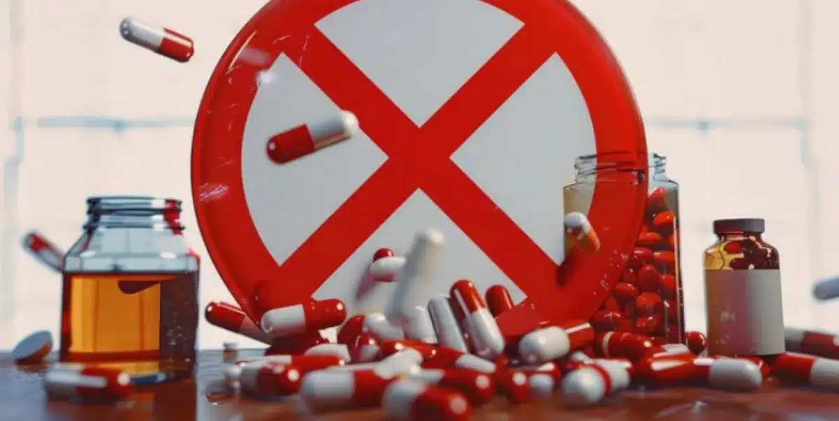 Medicamentos proibidos pela Anvisa: canetas injetáveis, cannabis e suplementos Imagem ilustrativa de medicamentos proibidos pela Anvisa, com cápsulas espalhadas e símbolo de proibição ao fundo.
