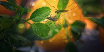 Dois mosquitos pousados em folhas verdes de plantas repelentes, com fundo iluminado.